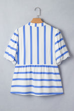 Load image into Gallery viewer, Stripe Split V Neck Puff Sleeve Summer Blouse