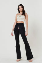 Load image into Gallery viewer, HIGH RISE TENCEL FLARE JEAN 5 ROSE GOLD BUTTON
