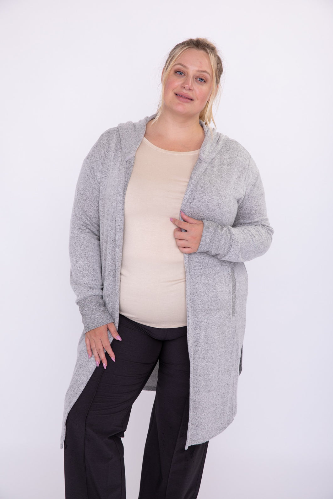 CURVY Open Front Hooded Cardigan with Pockets