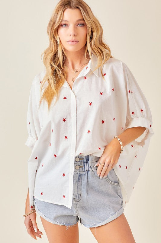 Embroidered Red Stars Oversized Button Down Shirt