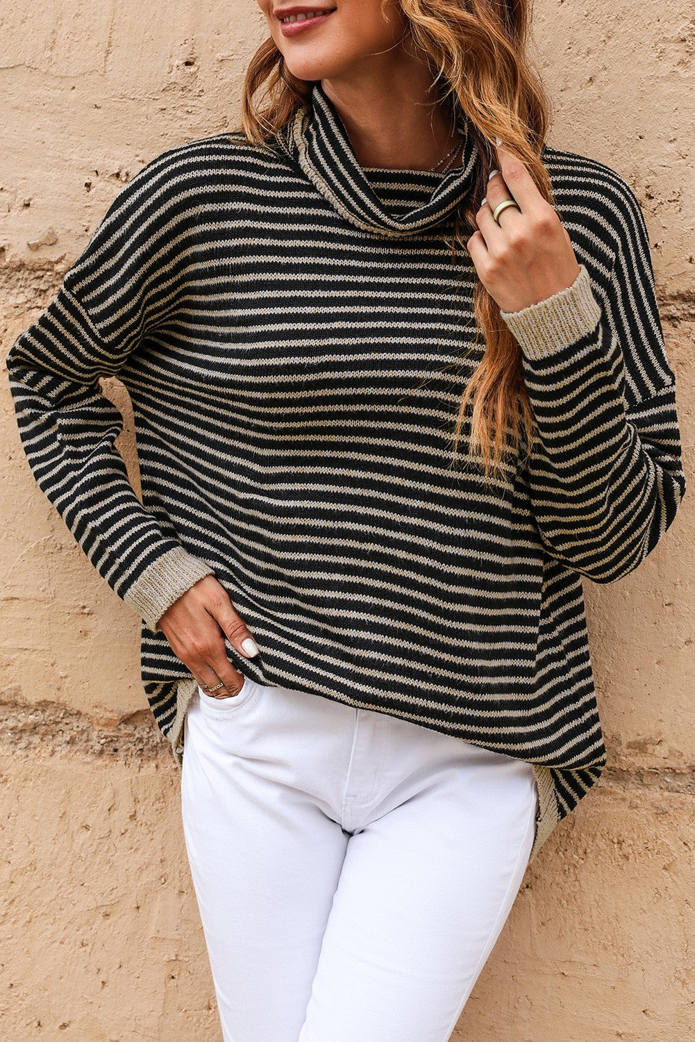 Black Striped Turtleneck Sweater
