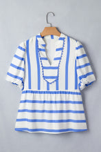 Load image into Gallery viewer, Stripe Split V Neck Puff Sleeve Summer Blouse

