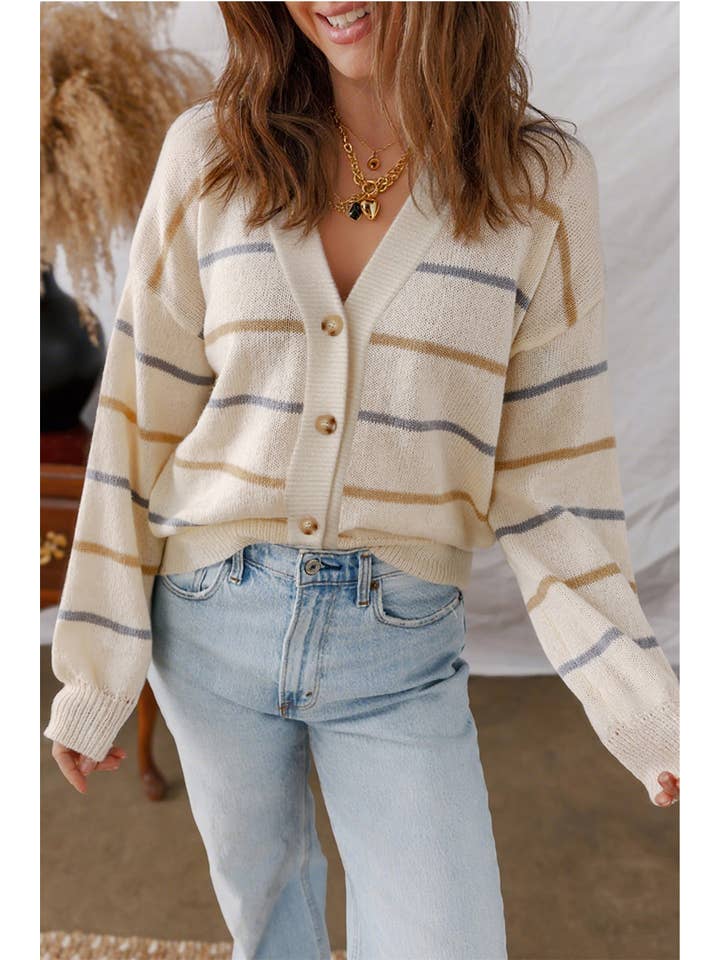 Striped Buttoned V Neck Cardigan Sweater