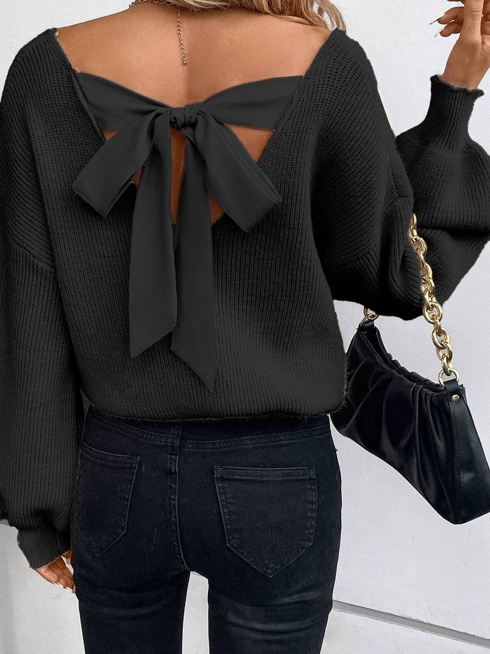 Lantern Sleeve Knot Back Sweater