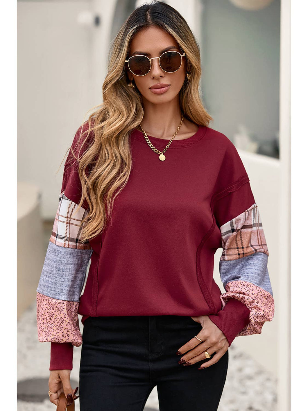 Sandalwood Plaid Patchwork Sweatshirt