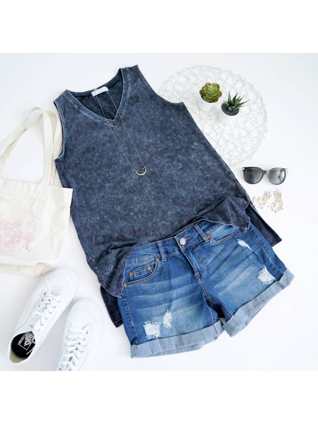 Mineral Wash Sleeveless V-Neck Tunic with Side Slit