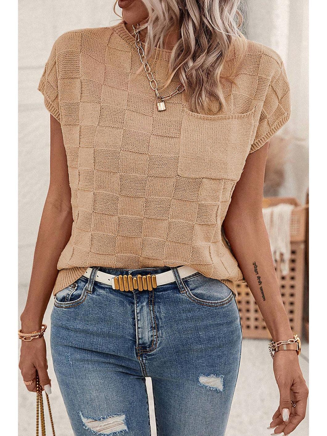 LatticeTextured Knit Short Sleeve Sweater