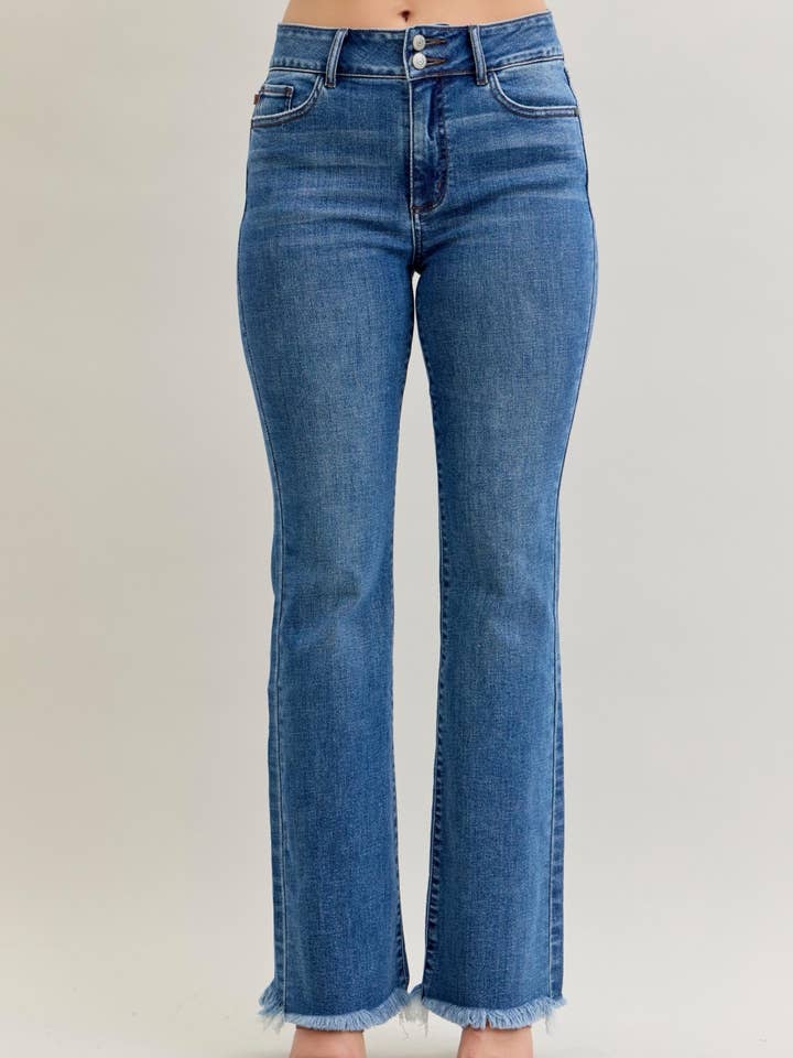 High Waisted Bootcut Double Button & Fray Hem