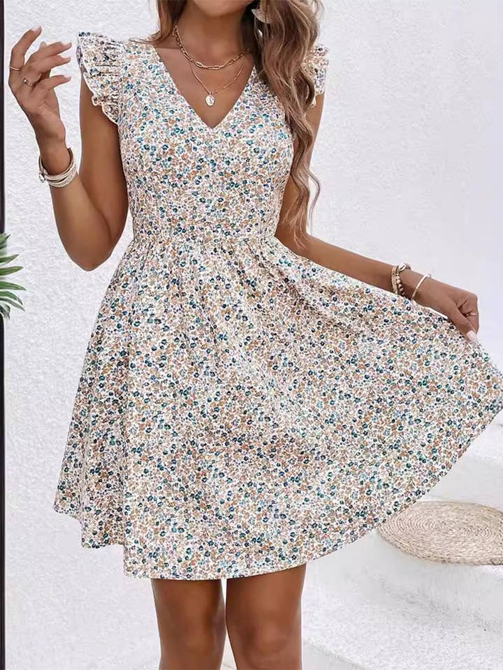 Floral print Ruffled V-neck Sleeve Dress