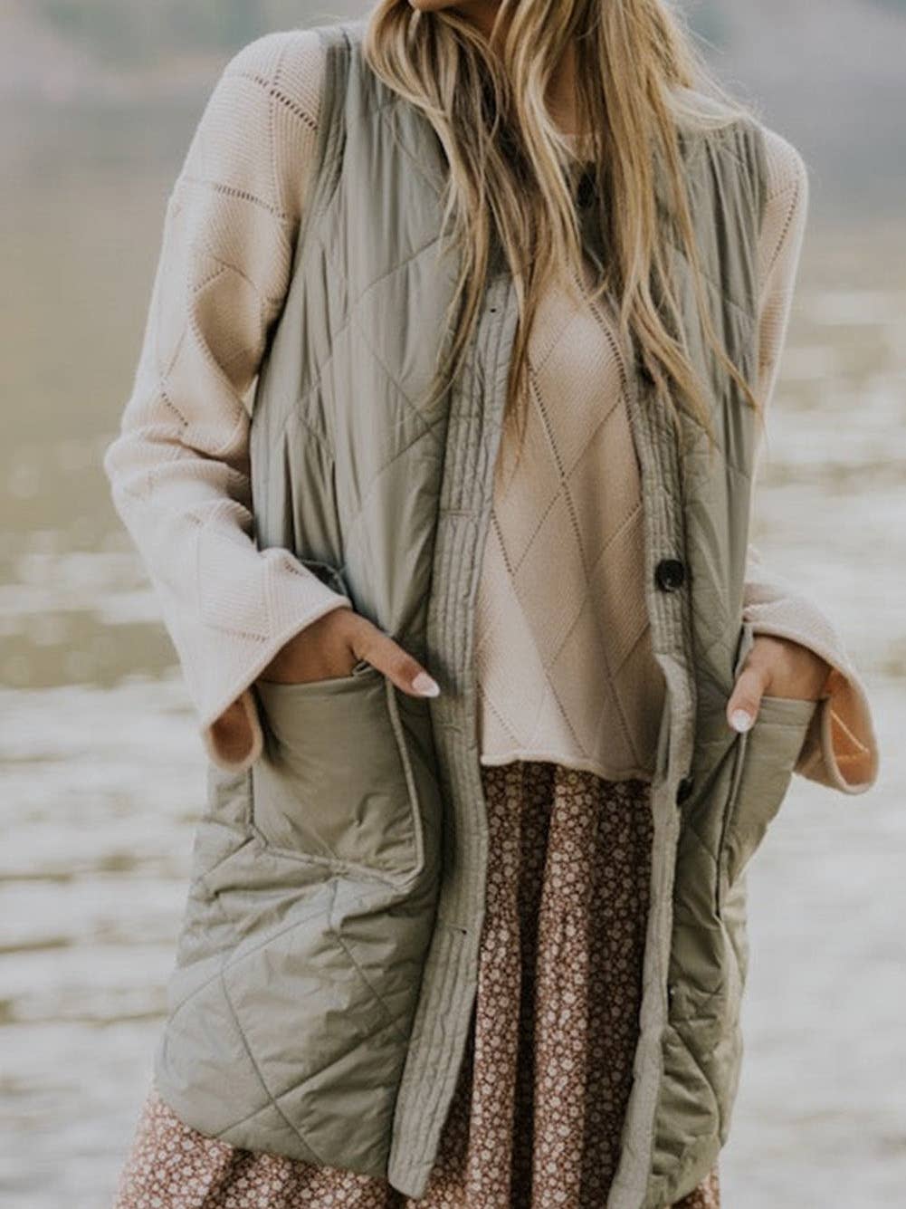 Quilted Long Vest With Pockets